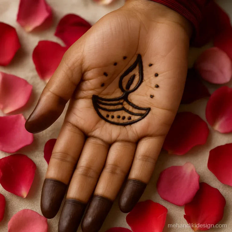 Small diya mehandi design in the palm with a flame and dots