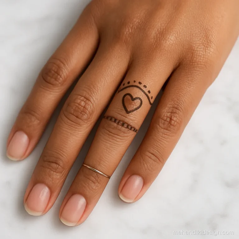 Small heart mehandi design on the ring finger with tiny dots