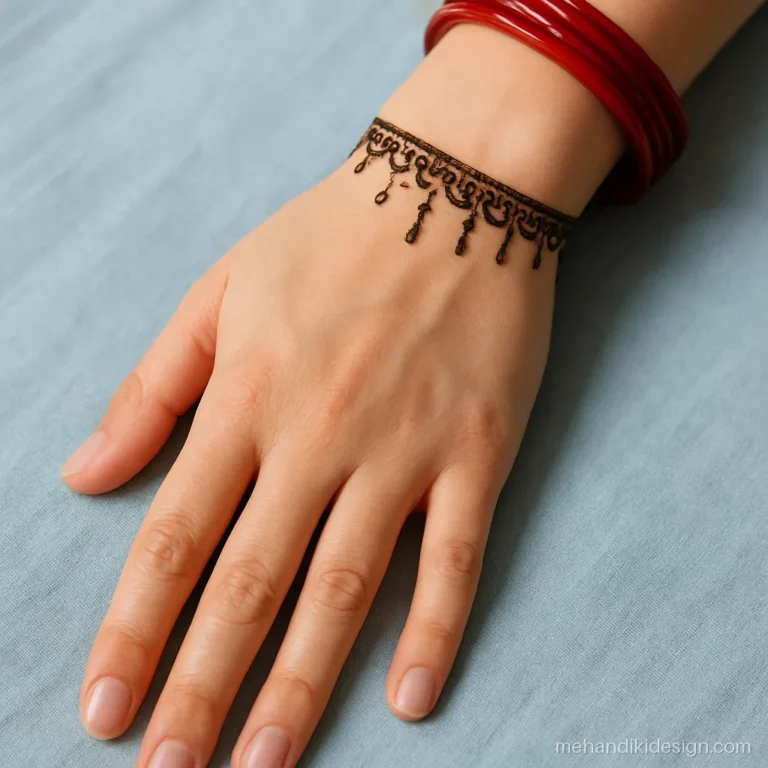 Small mehandi design lace band around the wrist with tiny drops