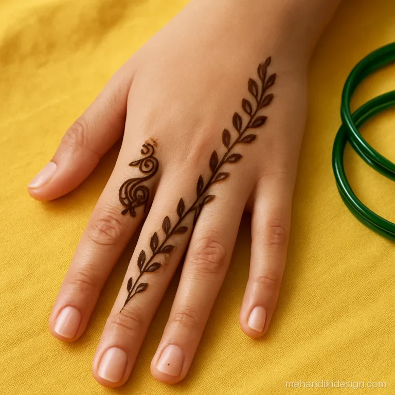 Small peacock teej mehndi on the index finger with leaf trail to wrist