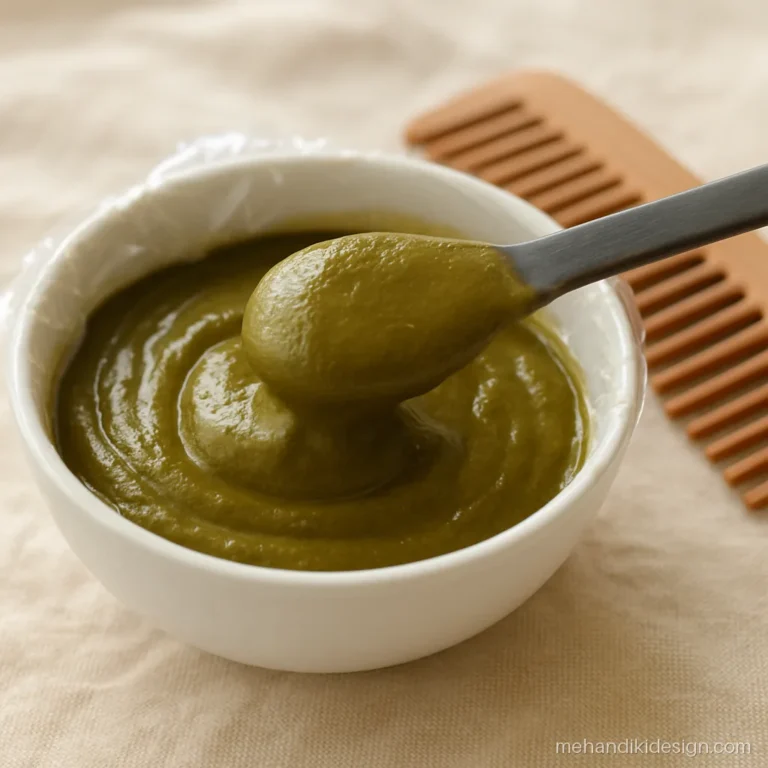 Smooth hair mehandi paste rested and ready to apply, with a darker top layer