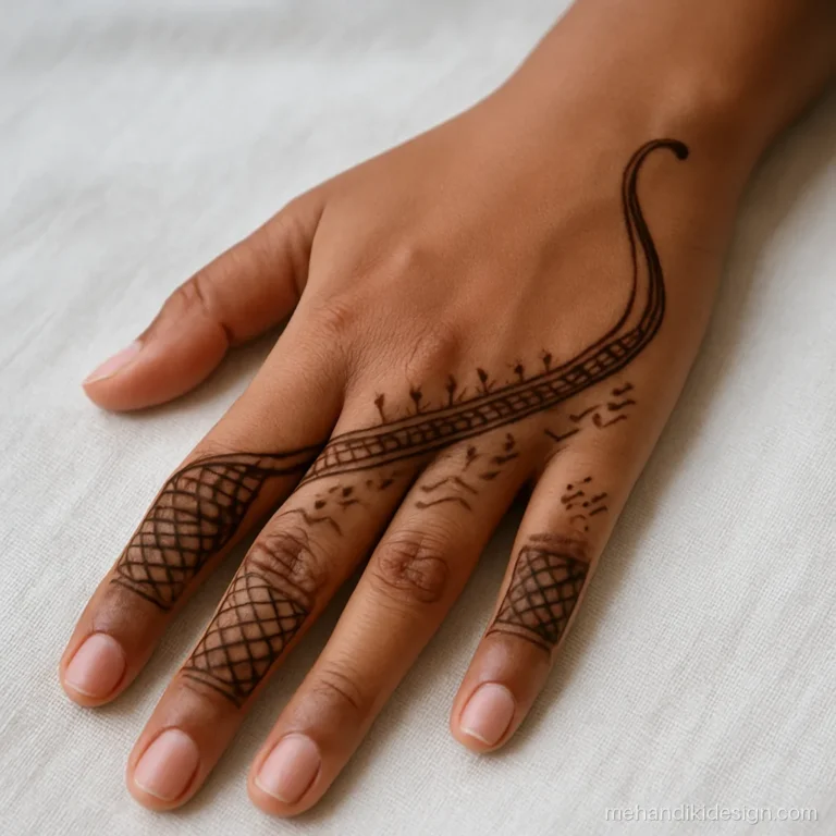 Onam mehandi designs with a long snake boat outline and oars across the back hand