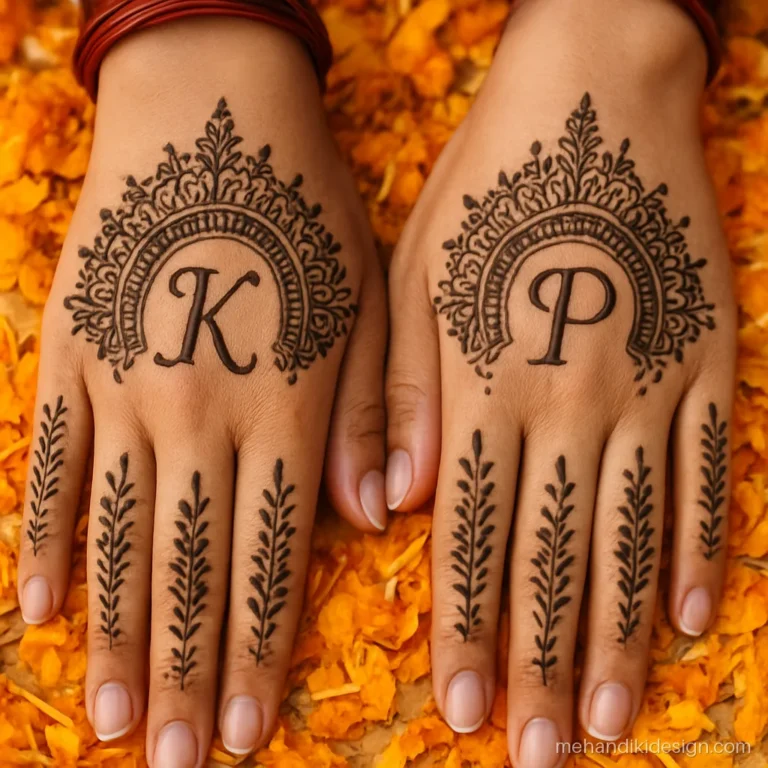 Name mehandi design with letter K on one hand and letter P on the other