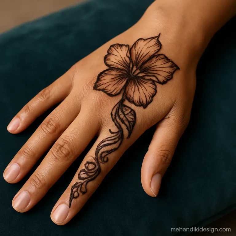 Stylish mehndi design back hand with one bold shaded orchid near the thumb