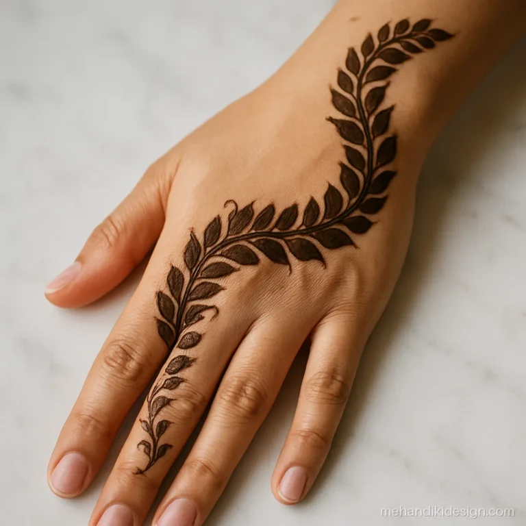 Stylish Arabic mehendi design simple back hand with a sweeping S curve of shaded leaves