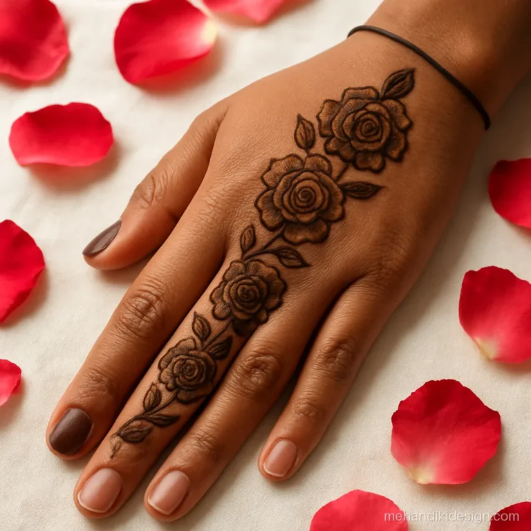 Stylish back hand mehandi with a shaded rose trail from little finger