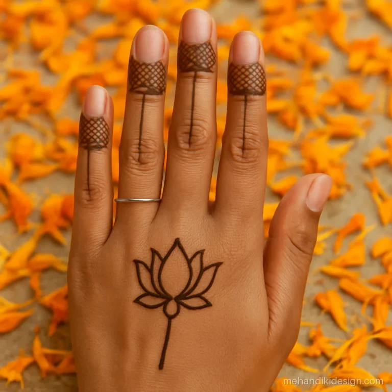 Stylish back hand mehandi with three finger caps and a centre lotus