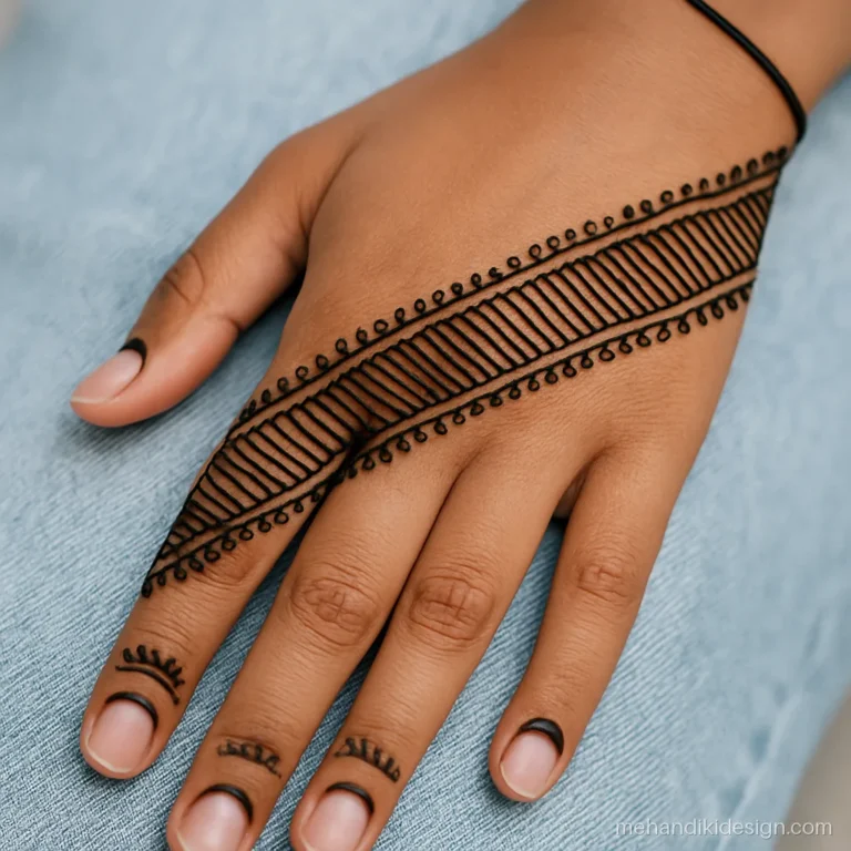 Stylish back side mehendi design with a diagonal stripe band across the hand