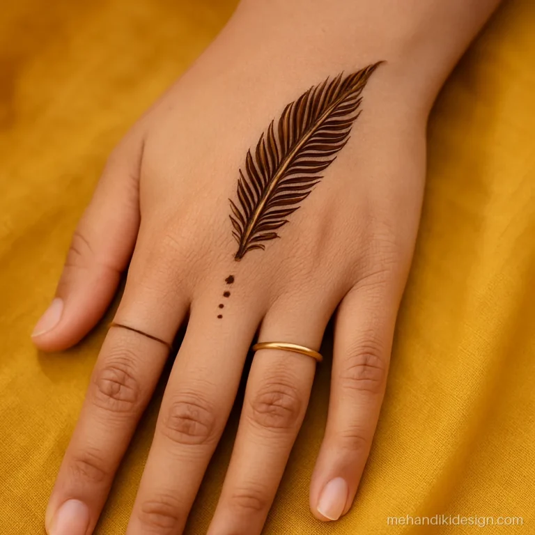 Stylish mehandi design for back hand with one long feather on the middle finger