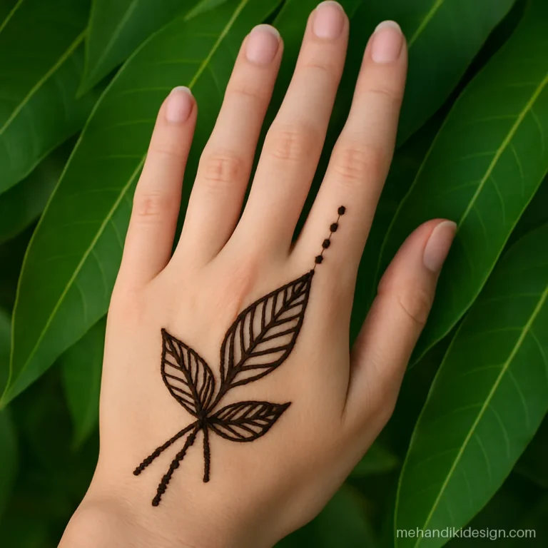 Stylish easy mehandi with two crossed leaves on the wrist and dot trail
