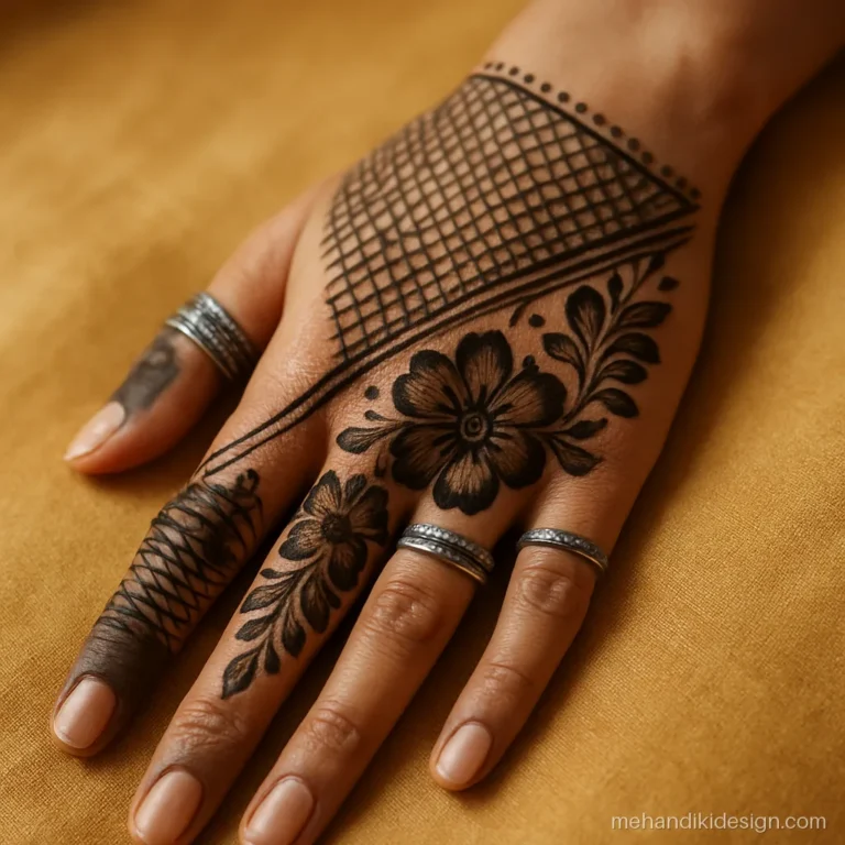 Stylish front full hand mehndi design split diagonally into fine net and bold Arabic flowers