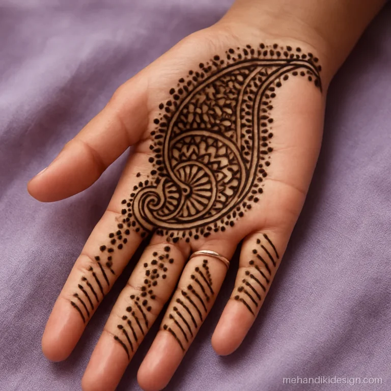 Mehndi ki design front hand full with one giant paisley curling into the thumb