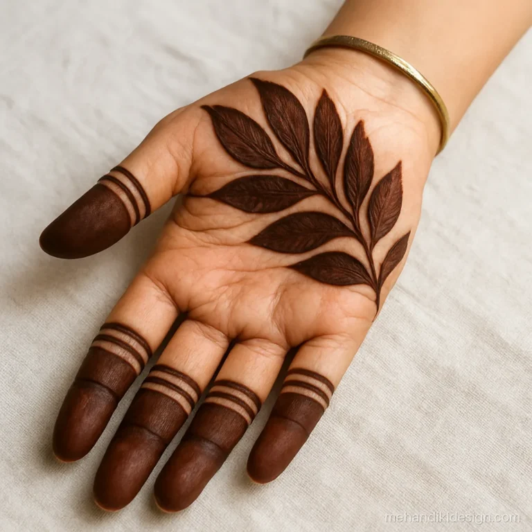 Mehndi design front full hand with solid fill and bare skin leaf shapes