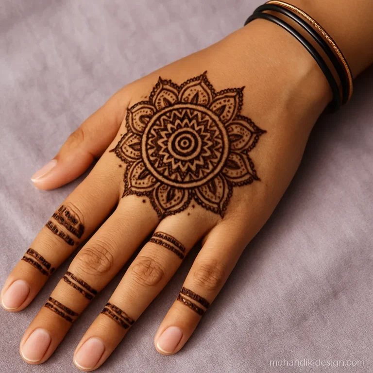 Stylish mehndi designs back side with a large cropped mandala at the hand edge