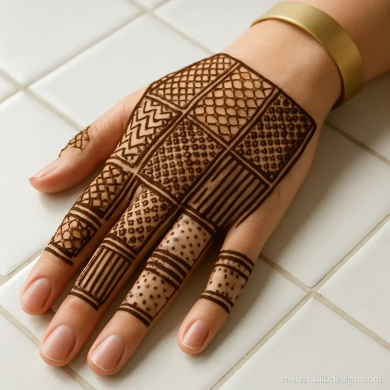 Stylish full back hand mehndi design with geometric panels of chevrons and honeycomb