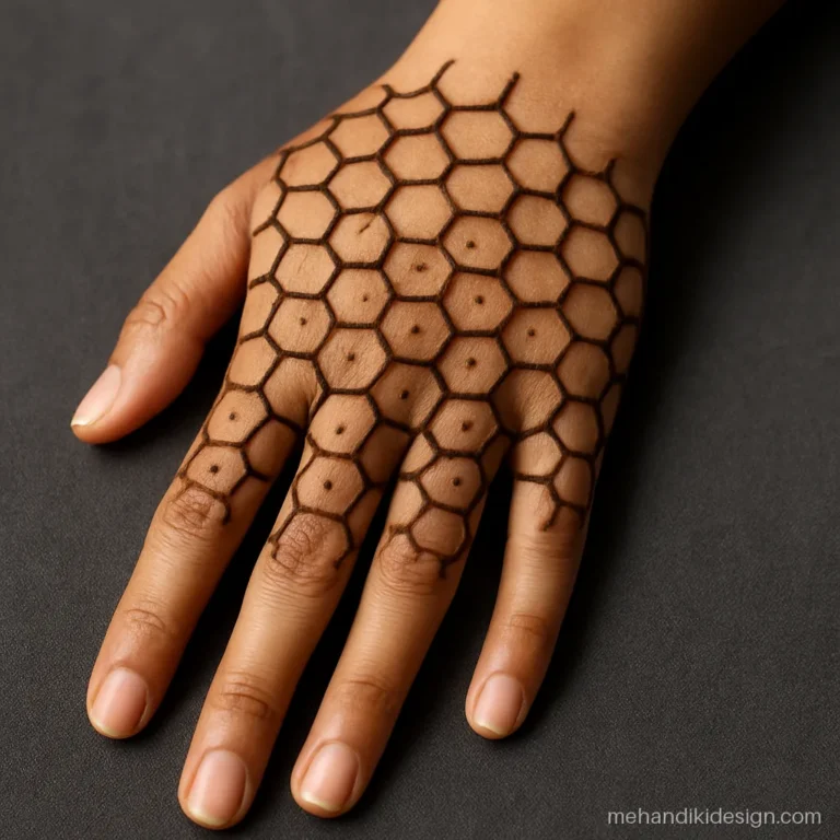 Stylish mehndi design for back hand with a honeycomb pattern fading toward the wrist