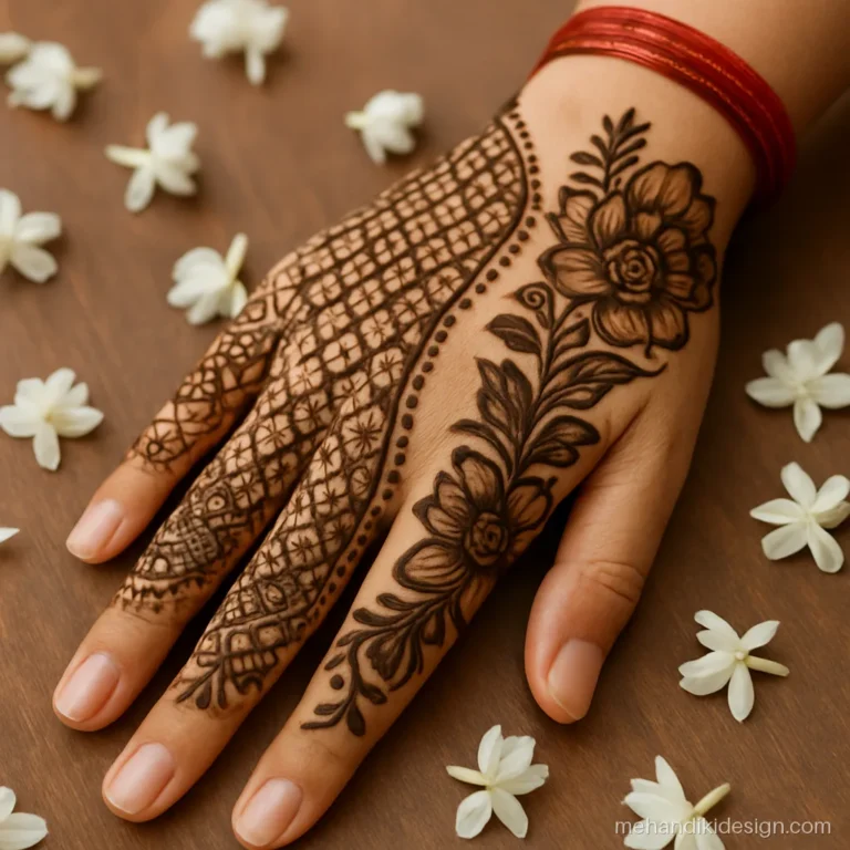 Stylish back hand mehndi design mixing Indian jaal and bold Arabic flowers