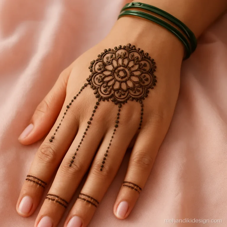 Stylish mehandi on back hand in haath phool jewellery style