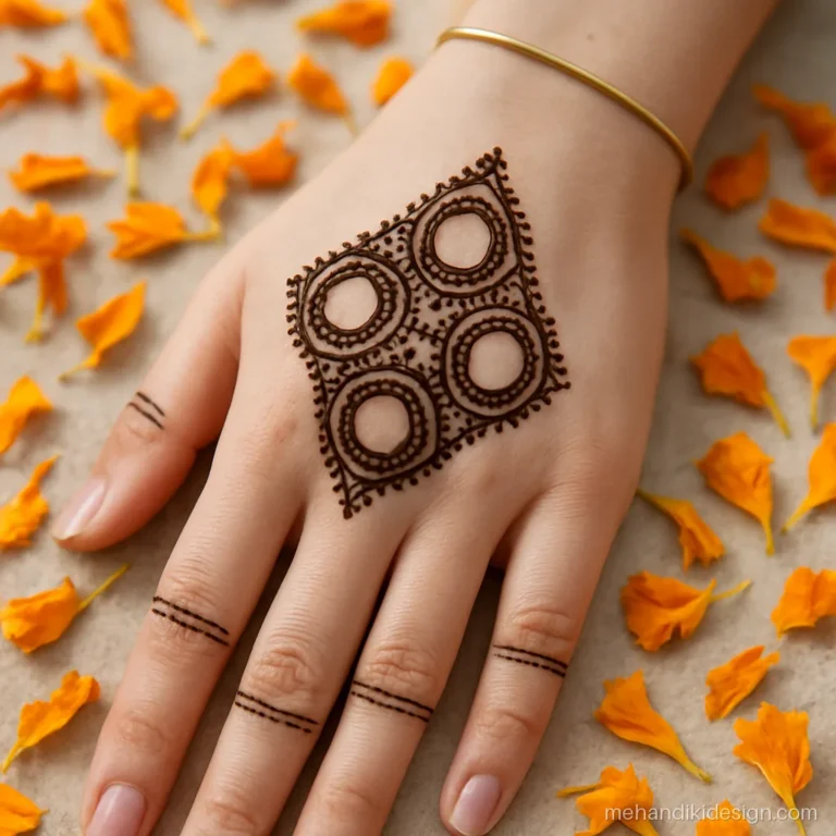 Stylish mehandi design inspired by sheesha mirror work on the back hand