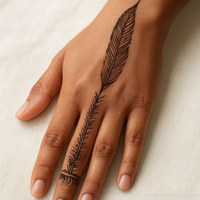 Stylish mehandi designs on back hand with feather wrist band