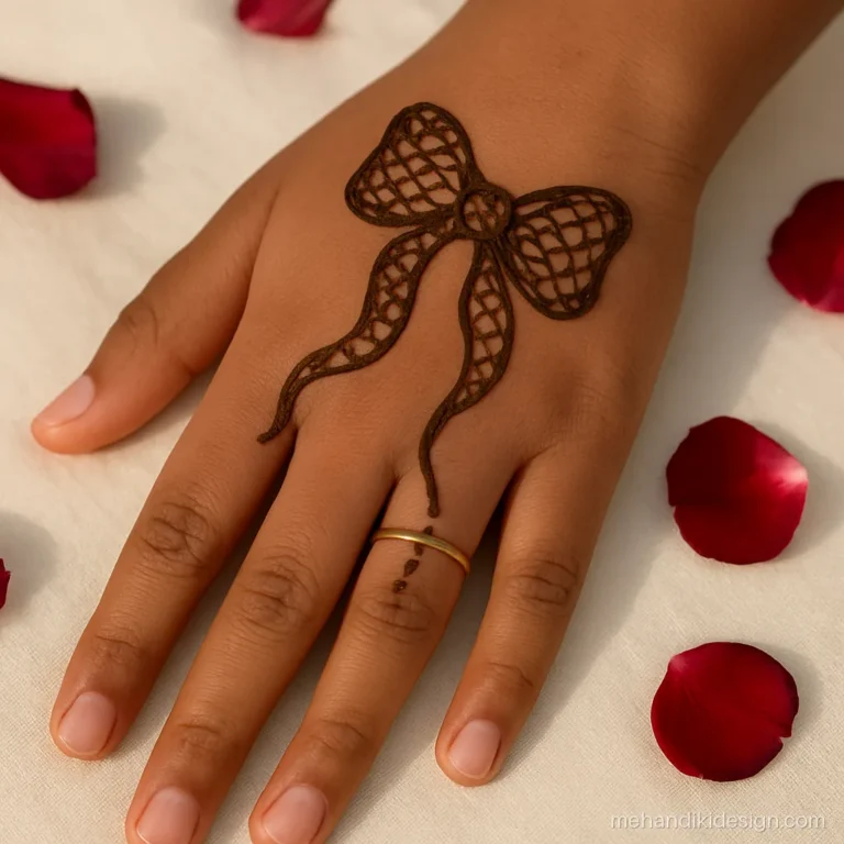 Stylish mehandi for girls with a ribbon bow on the wrist and dotted tails