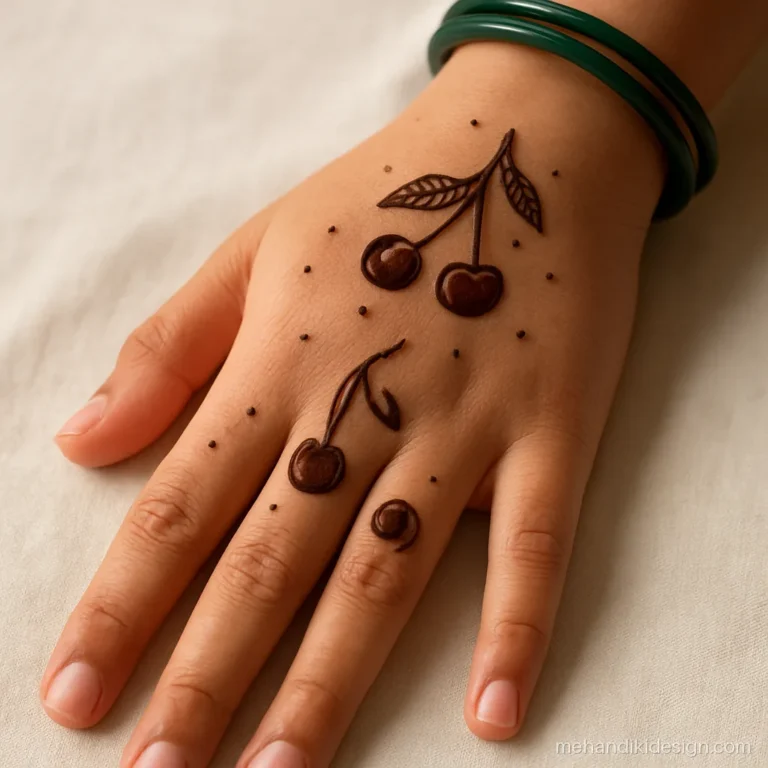 Stylish mehandi party design with cherries and small leaves for teens