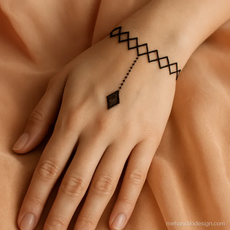 Minimal stylish back hand mehndi design with a diamond chain bracelet on the wrist
