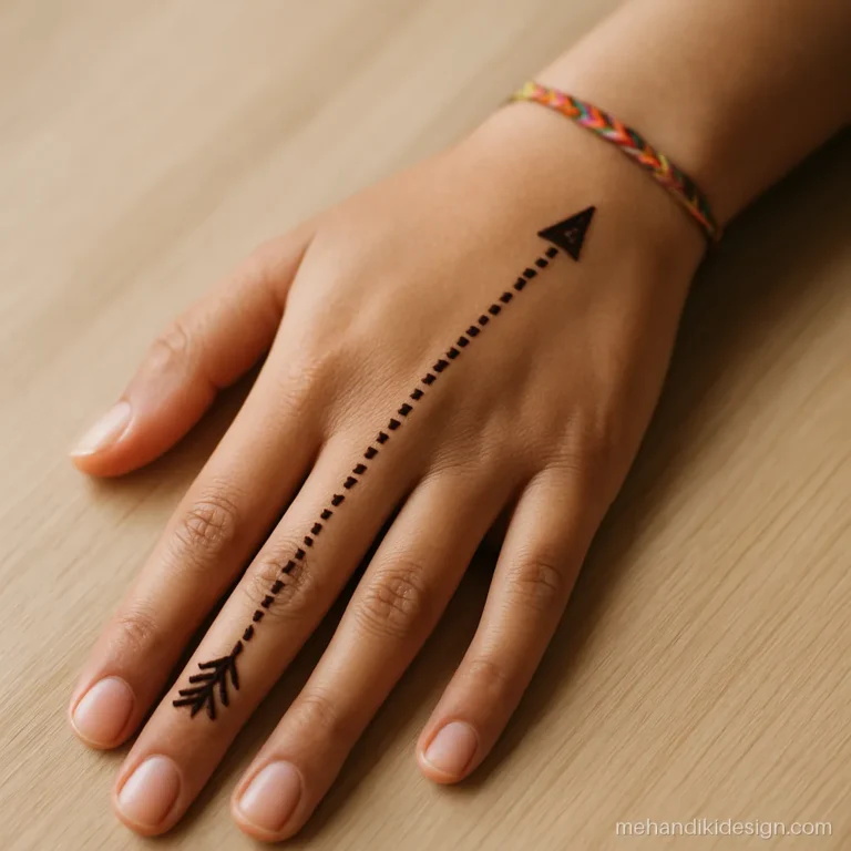 Back hand stylish mehendi design with a dotted arrow pointing to the index finger