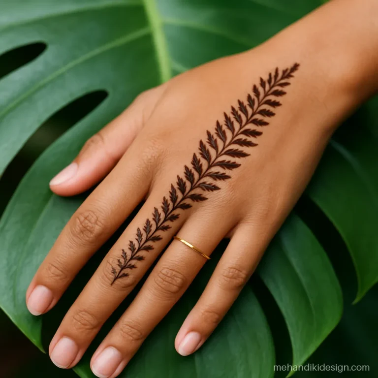 Stylish mehndi design simple back hand with a delicate fern along the thumb