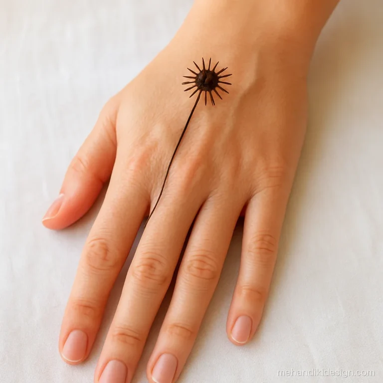 Stylish mehendi back hand with a tiny sun and a single thin line to the wrist