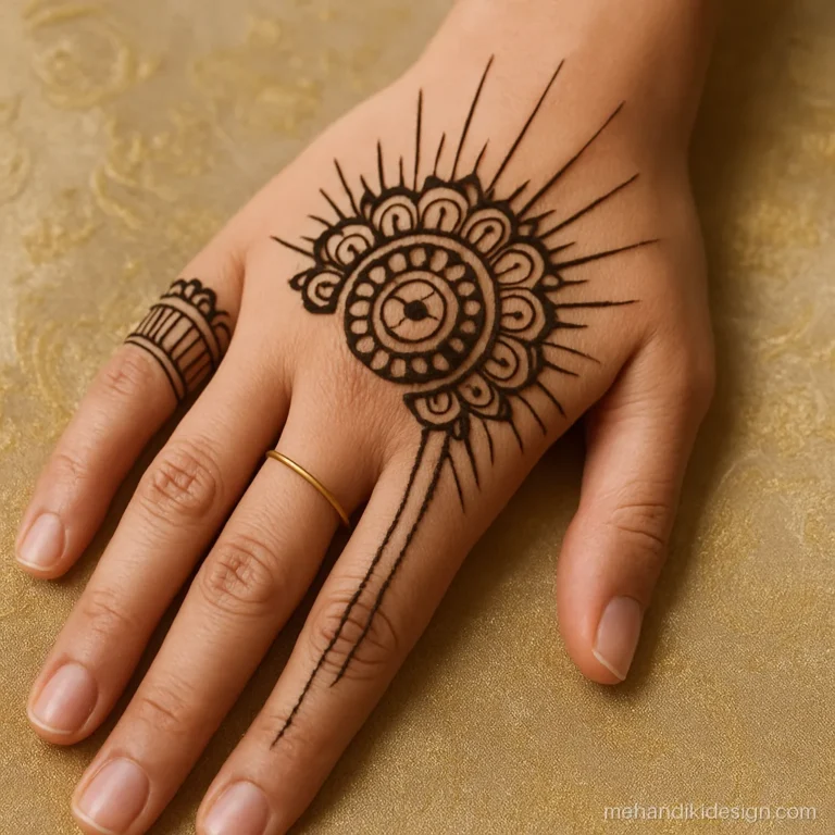 Stylish mehndi design back hand with a quarter mandala tucked between thumb and index finger