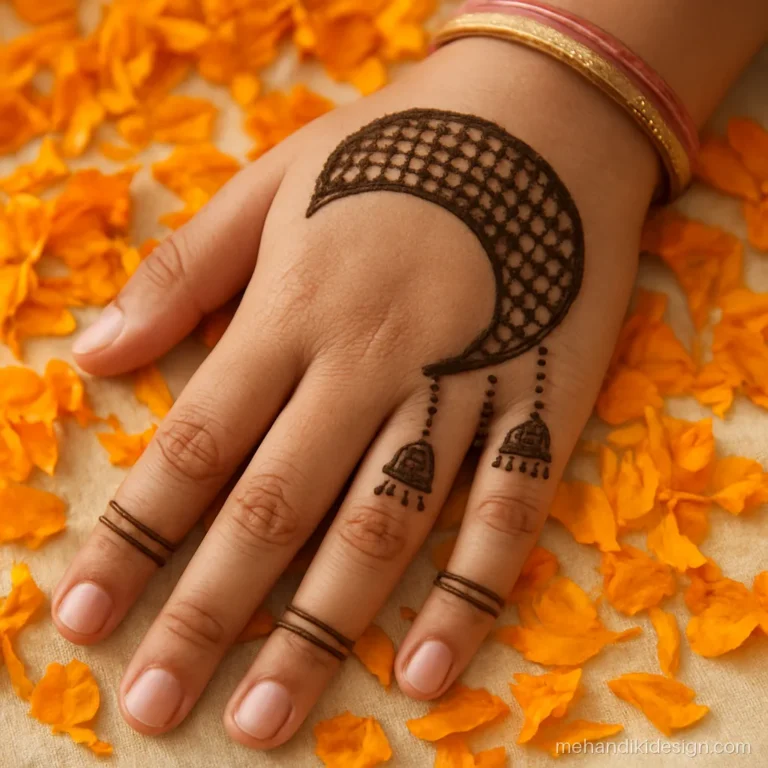 Mehndi design stylish back hand with a crescent and hanging jhumka drops for parties