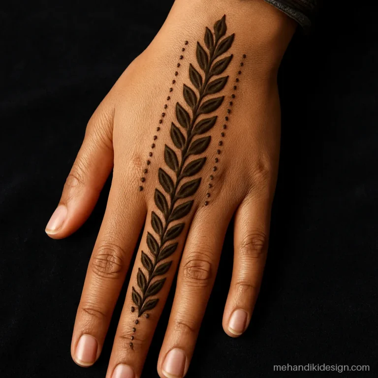 Stylish back hand mehndi designs with a herringbone spine of bold leaves