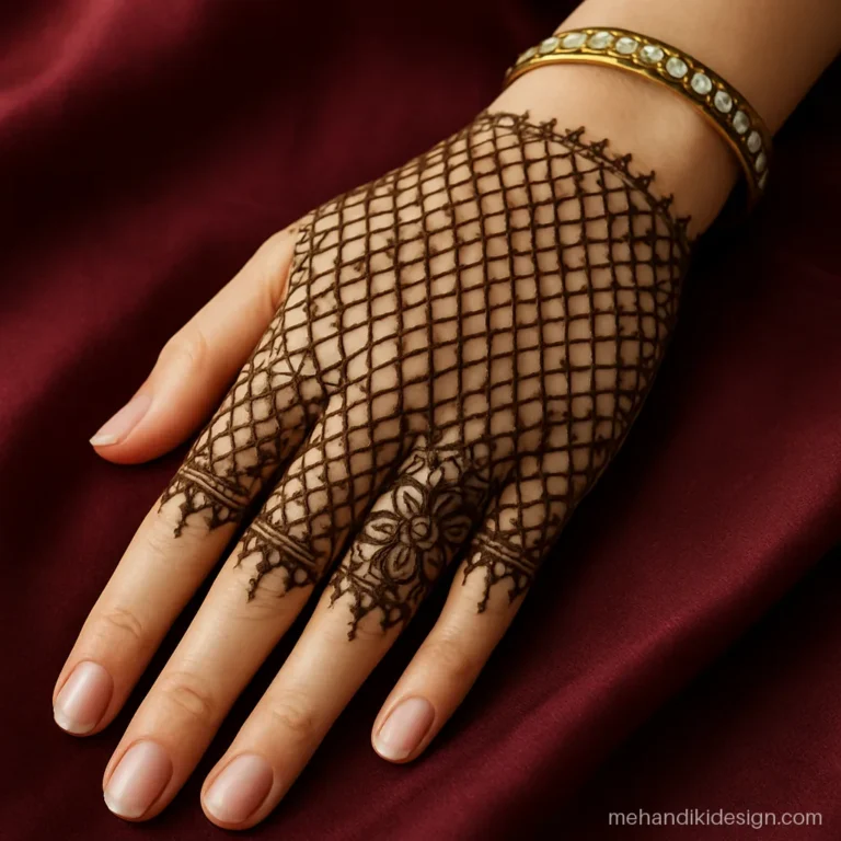 Stylish party back hand mehndi design like a lace half glove with pointed scallops