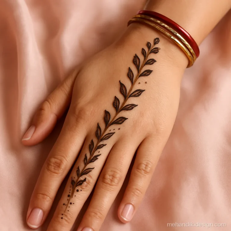 Stylish party mehandi with a side vine along the thumb edge