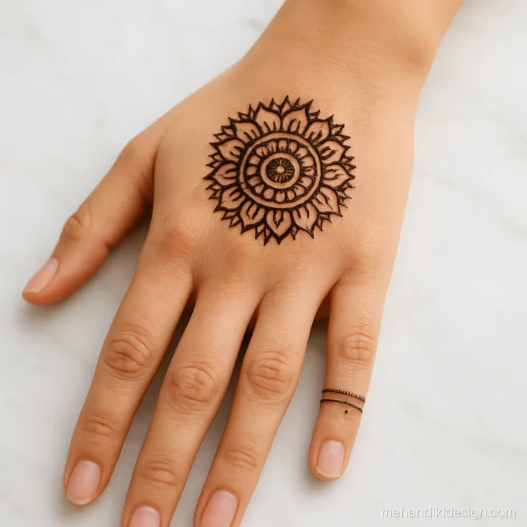 Stylish simple mehandi with a single small mandala and one decorated finger