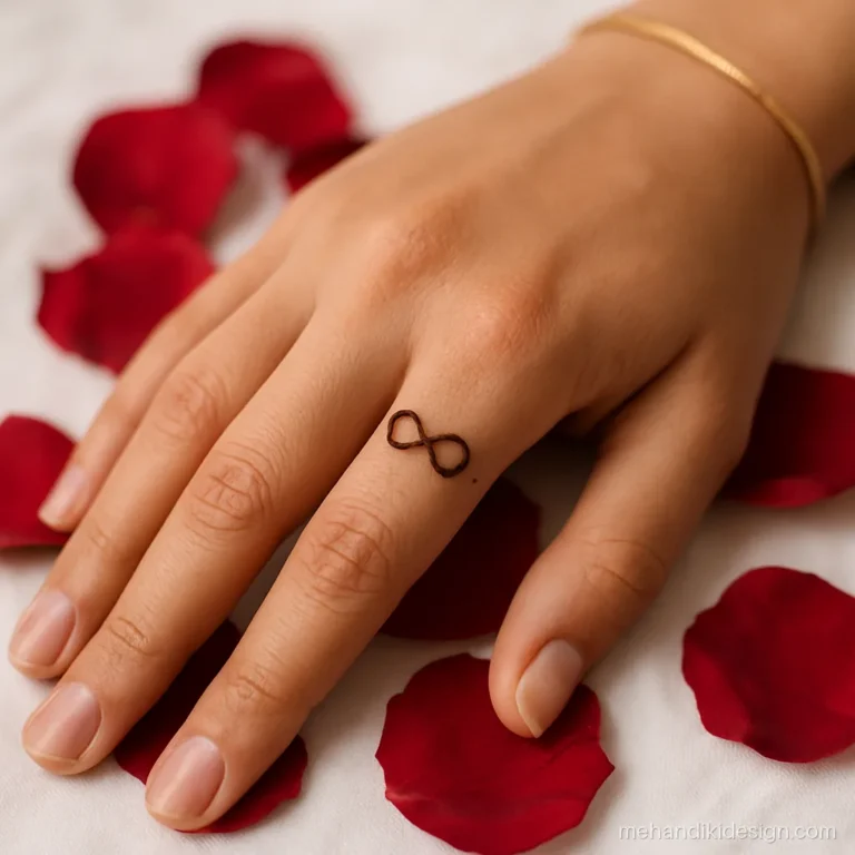 Tattoo mehandi design of an infinity sign on the side of a finger