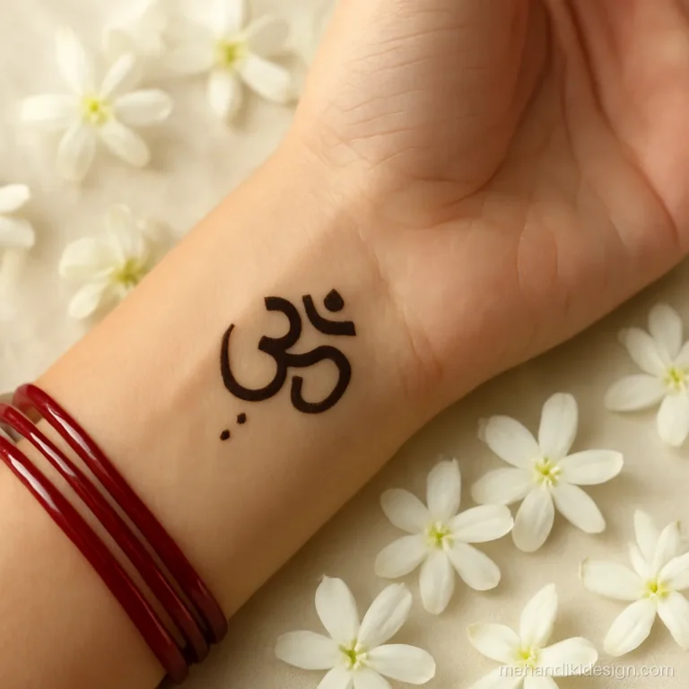 Small tattoo mehandi design of an Om symbol on the inner wrist