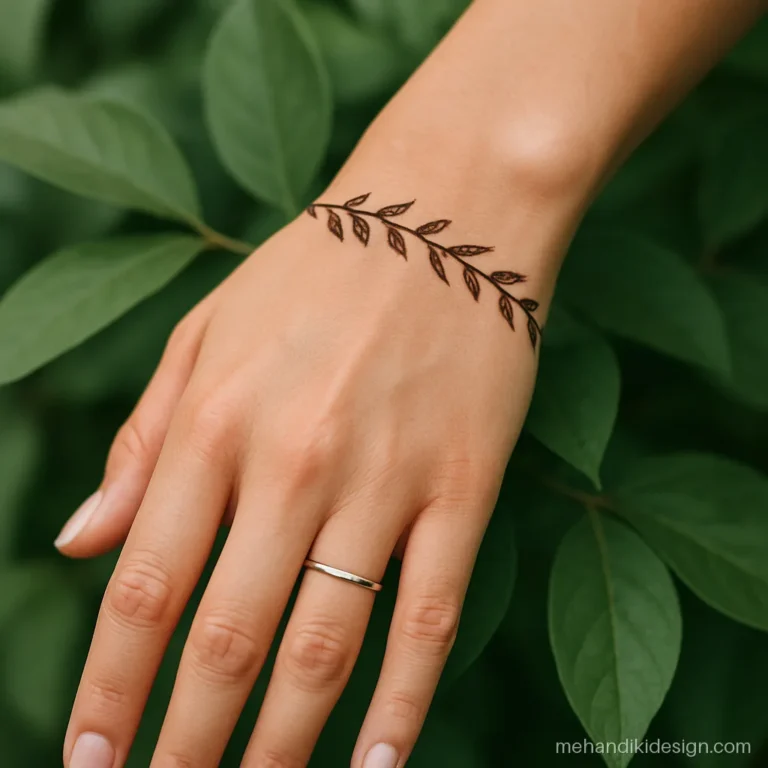 Tattoo style mehandi with a slim leaf vine band around the wrist