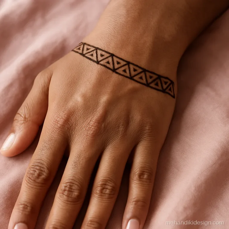 Geometric tattoo mehandi design with a triangle chain around the wrist