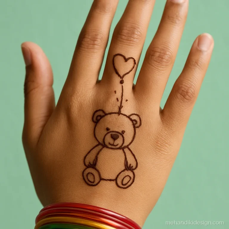 Little teddy bear holding a balloon mehandi on the back of the hand