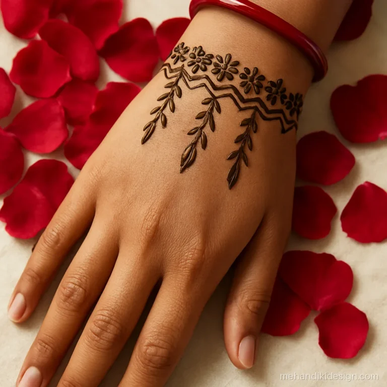Teej mehandi design shaped like a bangle around the wrist with hanging leaves