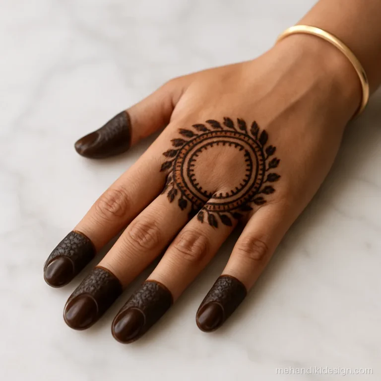 Teej mehandi design with a gol tikki and leaves on the palm