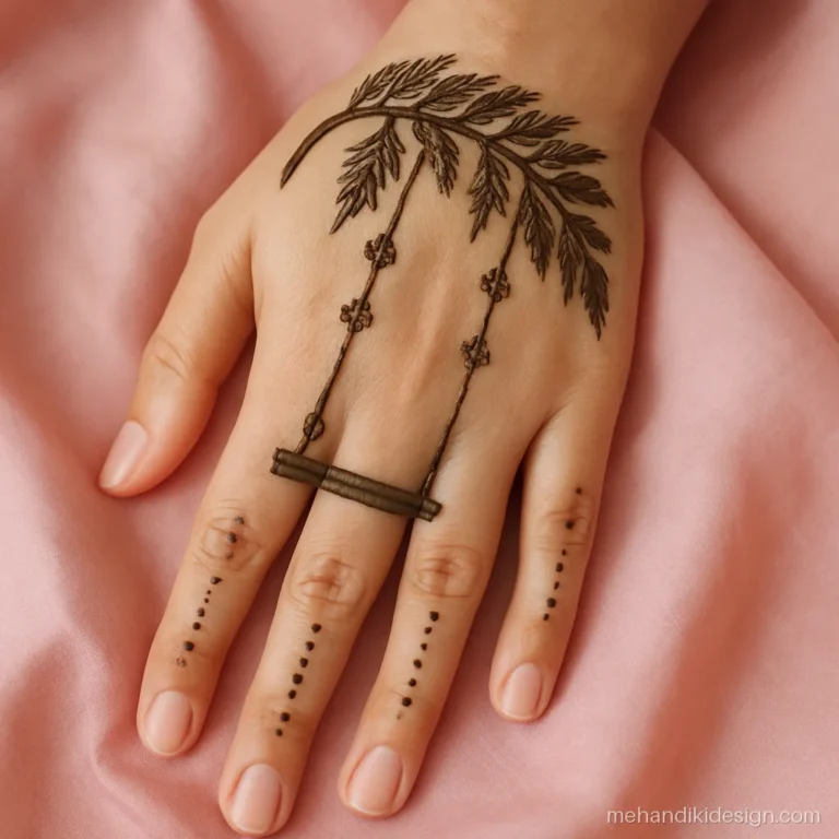 Teej mehandi design with a jhula hanging from a leafy branch in the palm centre