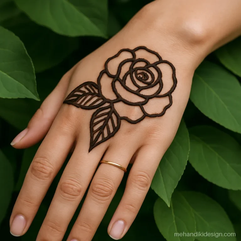 Thick tip mehandi cone design with a bold outlined rose and leaves