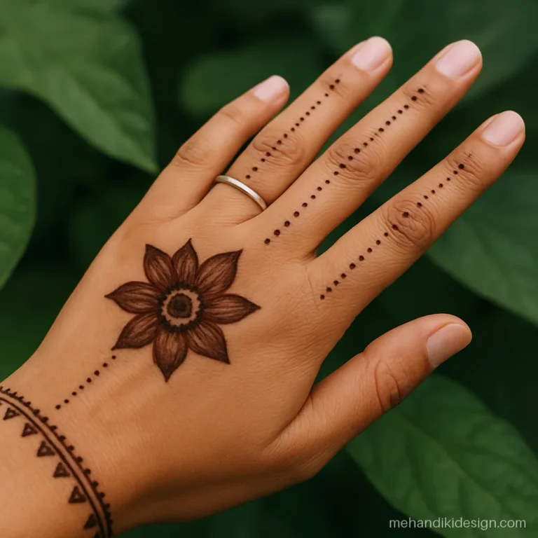 Quick onam mehandi designs simple with one flower on the thumb and dot lines