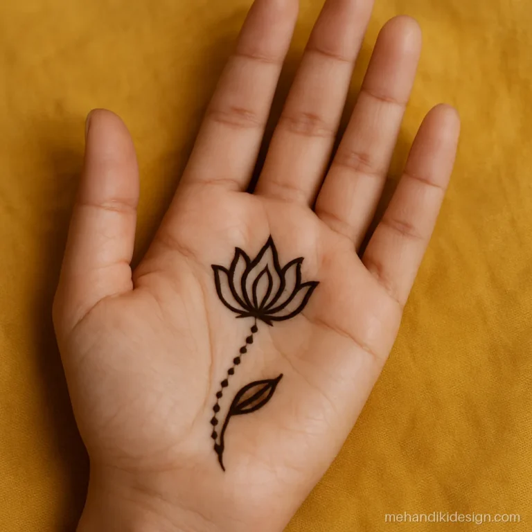 Tiny lotus small mehandi design in the palm with a dotted stem