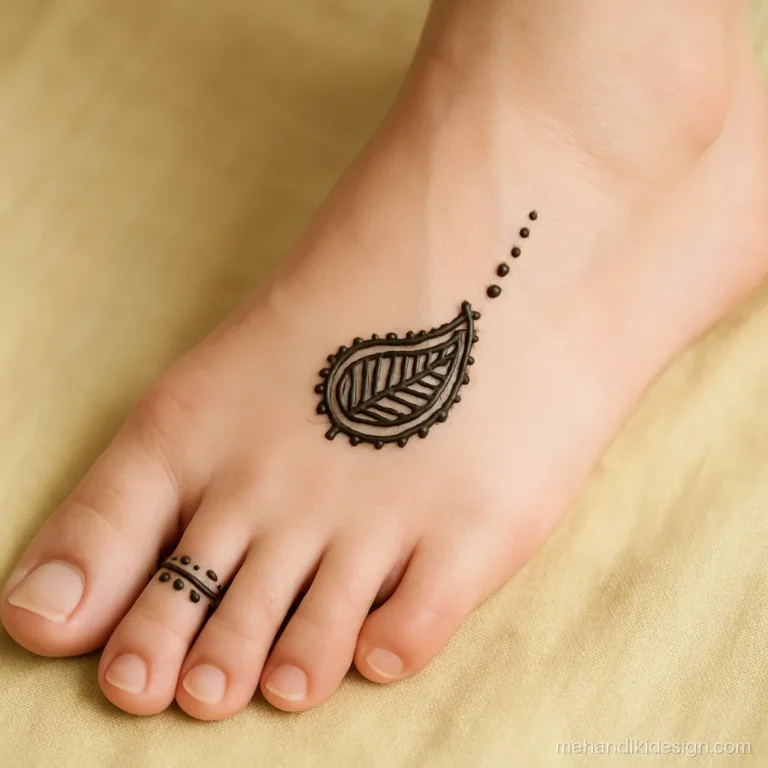 Pair ki mehandi with a toe ring motif and a small kairi on the foot