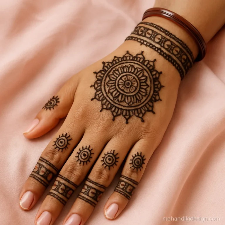 Traditional mehandi with small chakras on the fingers and wrist bands