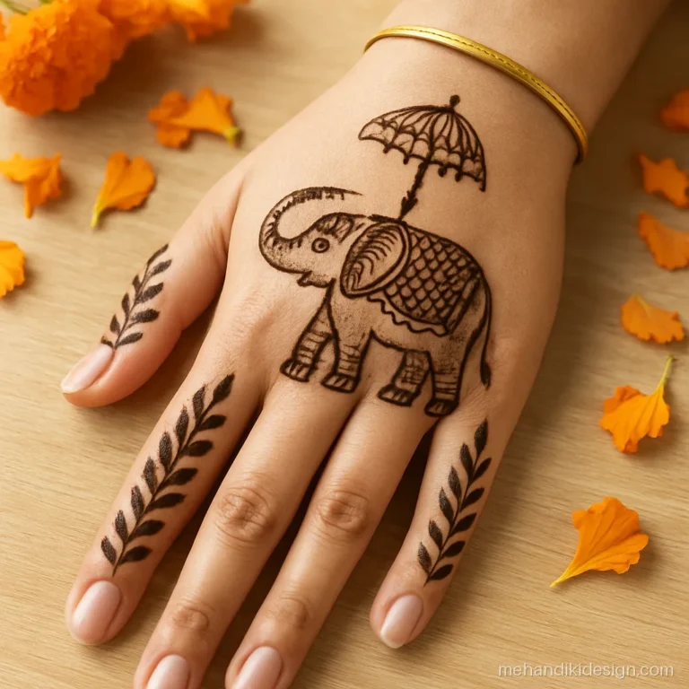 Traditional mehandi design with an elephant raising its trunk under an umbrella